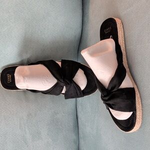 Sandals 9 W Black Softie Knot Slide Slip On Jute Trim Flat Shoes Espadrilles New